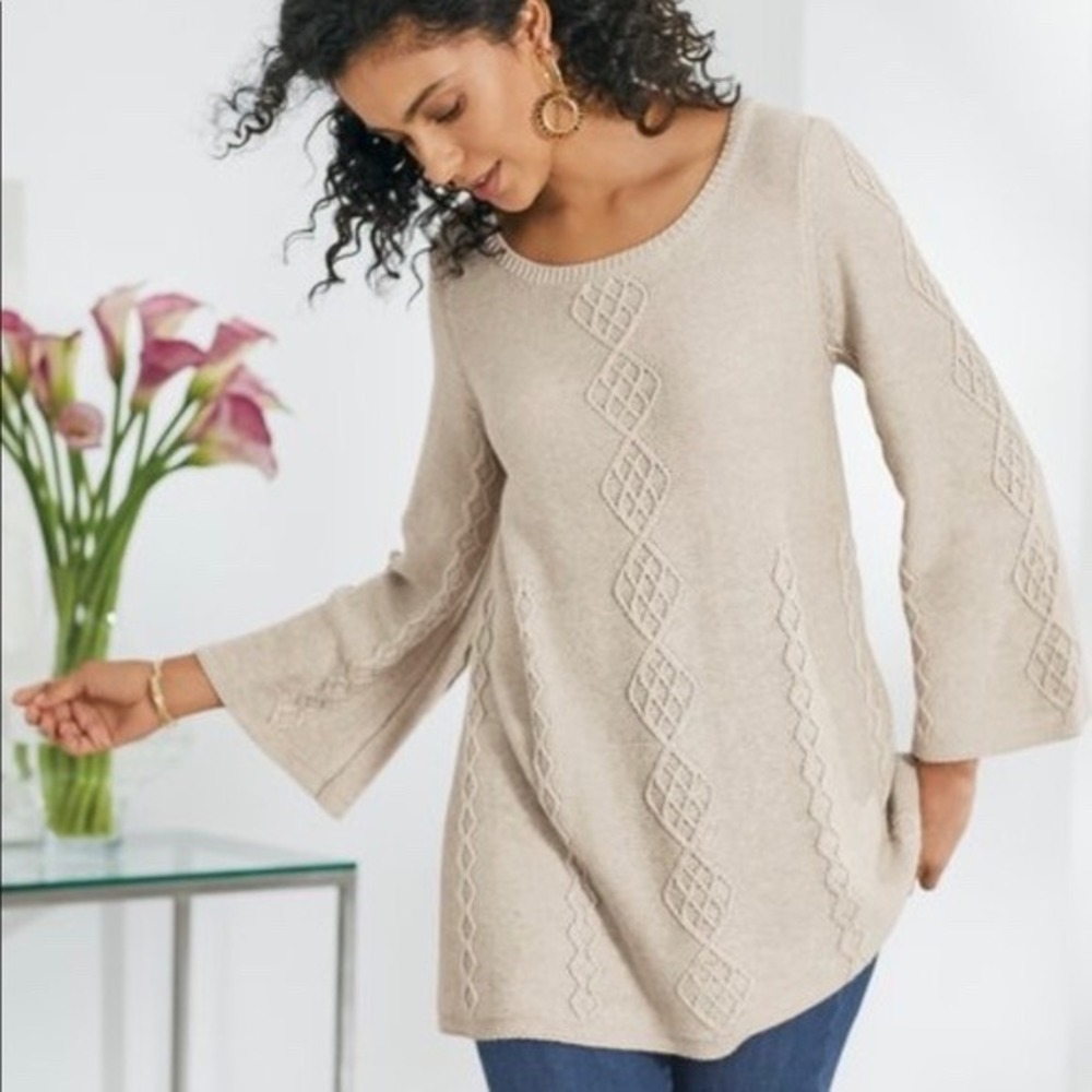 Soft Surroundings Lattice Knit Sweater Womens Size Large Beige Silk Cashmere